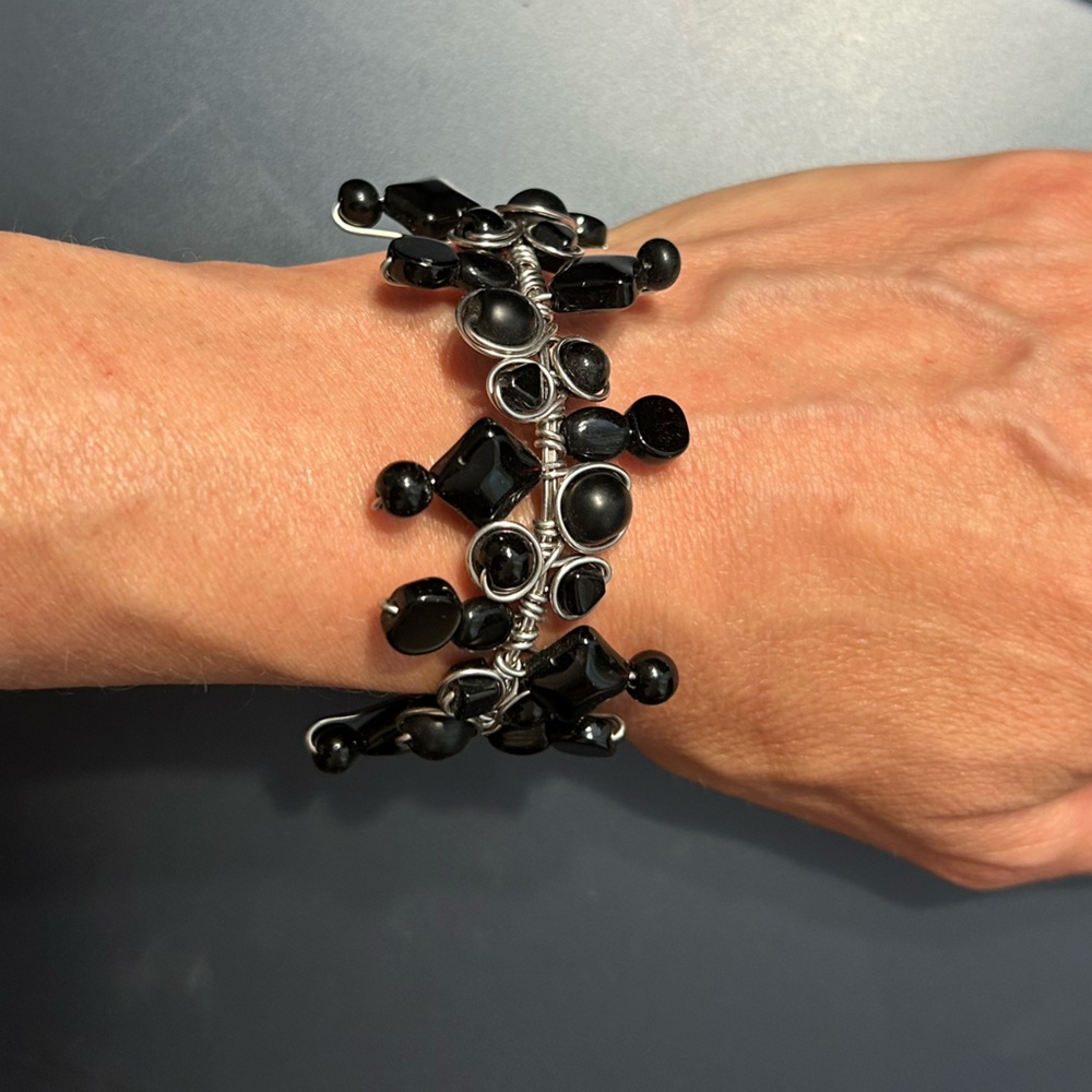 Silver Metal and Black Bead Handmade Bracelet